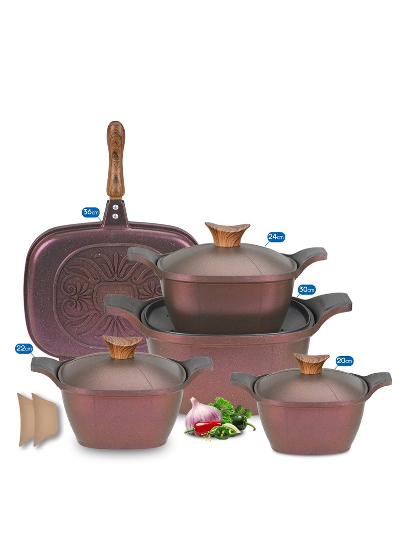 NeoKlein 9 Piece Healthy Granite Nonstick Kitchen. (4 Pots (20 + 22 + 24 + 30) + Double Grill 36 Royal) 