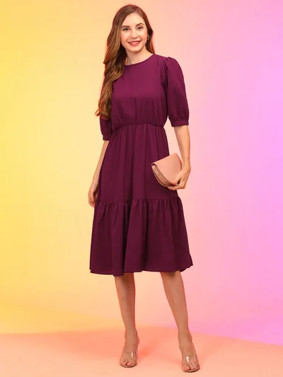globus Women Puff Sleeve Fit & Flare Midi Dress