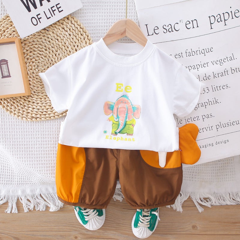 2025 New Summer Childrens Short-sleeved suit Boys Western Style Casual Cartoon Crewneck Top Shorts Two-piece Trendy Coffee pants 