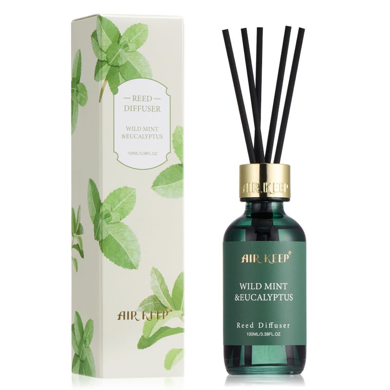 Airkeep Reed Diffuser Set, 3.38 fl oz (100 ml) - Wild Mint&Eucalyptus Oil Diffusers with 8 Reed Sticks, Home Fragrance Reed Diffuser for Bathroom Shelf Decor - Image 1