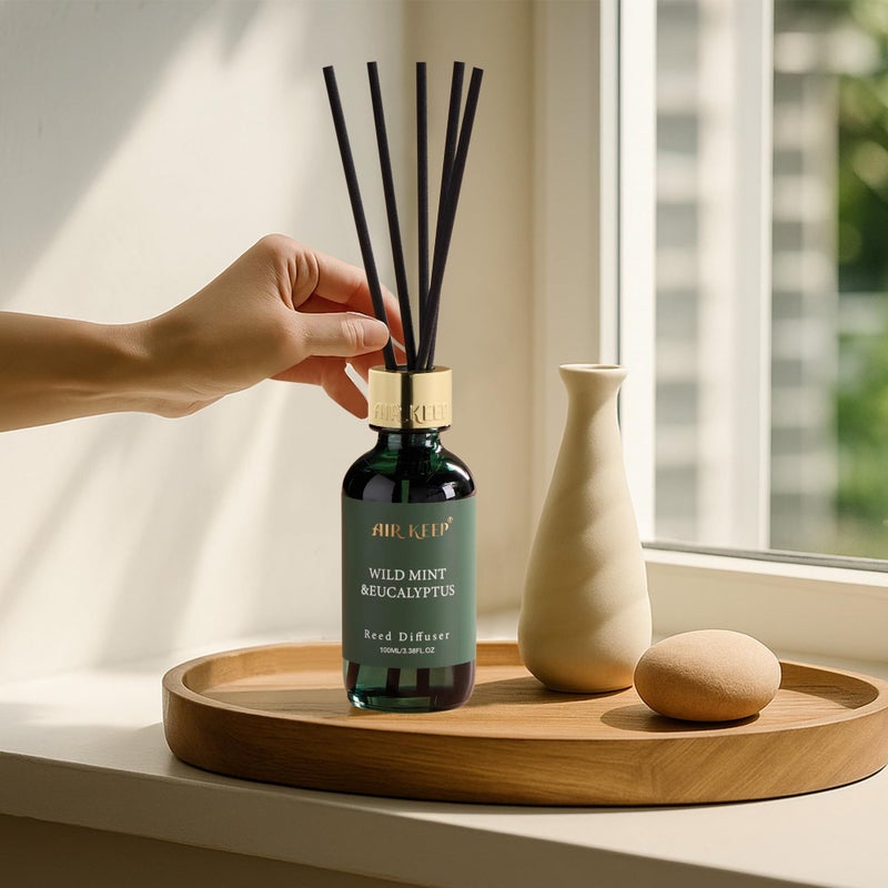 Airkeep Reed Diffuser Set, 3.38 fl oz (100 ml) - Wild Mint&Eucalyptus Oil Diffusers with 8 Reed Sticks, Home Fragrance Reed Diffuser for Bathroom Shelf Decor - Image 4