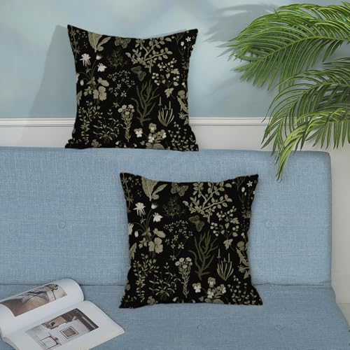 JEFERSO Spring Floral Pillow Covers 18x18 Set of 2 Black Sage Green Wild Flower Decorative Pillow Cases Vintage Herbs Plant Cushion Cover Botanical Farmhouse Decor Outdoor Throw Pillows for Couch Bed - Image 3