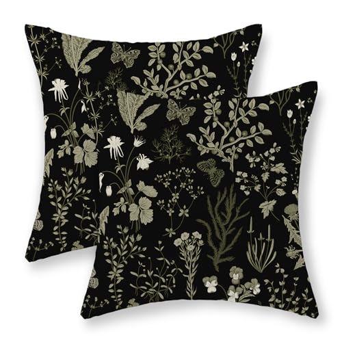 JEFERSO Spring Floral Pillow Covers 18x18 Set of 2 Black Sage Green Wild Flower Decorative Pillow Cases Vintage Herbs Plant Cushion Cover Botanical Farmhouse Decor Outdoor Throw Pillows for Couch Bed - Image 1