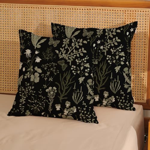 JEFERSO Spring Floral Pillow Covers 18x18 Set of 2 Black Sage Green Wild Flower Decorative Pillow Cases Vintage Herbs Plant Cushion Cover Botanical Farmhouse Decor Outdoor Throw Pillows for Couch Bed - Image 2