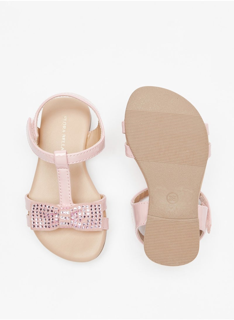 Flora Bella By Shoexpress - Girls Studded Bow Applique Strap Sandals with Hook and Loop Closure - Image 1