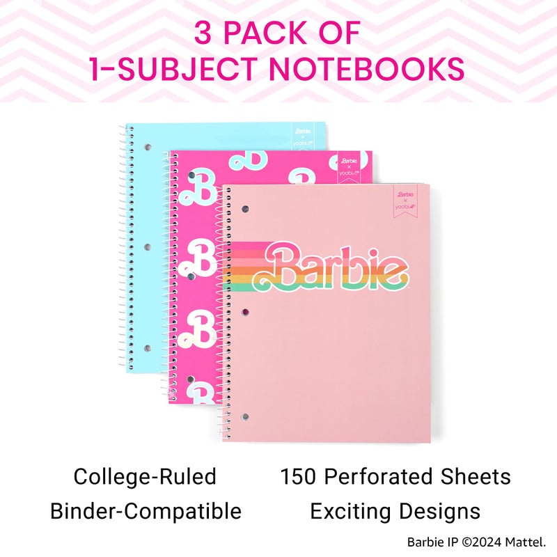 Yoobi Barbie X College Ruled Spiral Notebook Set - 3-Pack Of 1 Subject Notebooks  Pink  Blue & Peach Barbie Designs - Cute Easter Gift - 100 Perforated 3-Hole Punched Sheets - 10.5  X 8 - Image 2