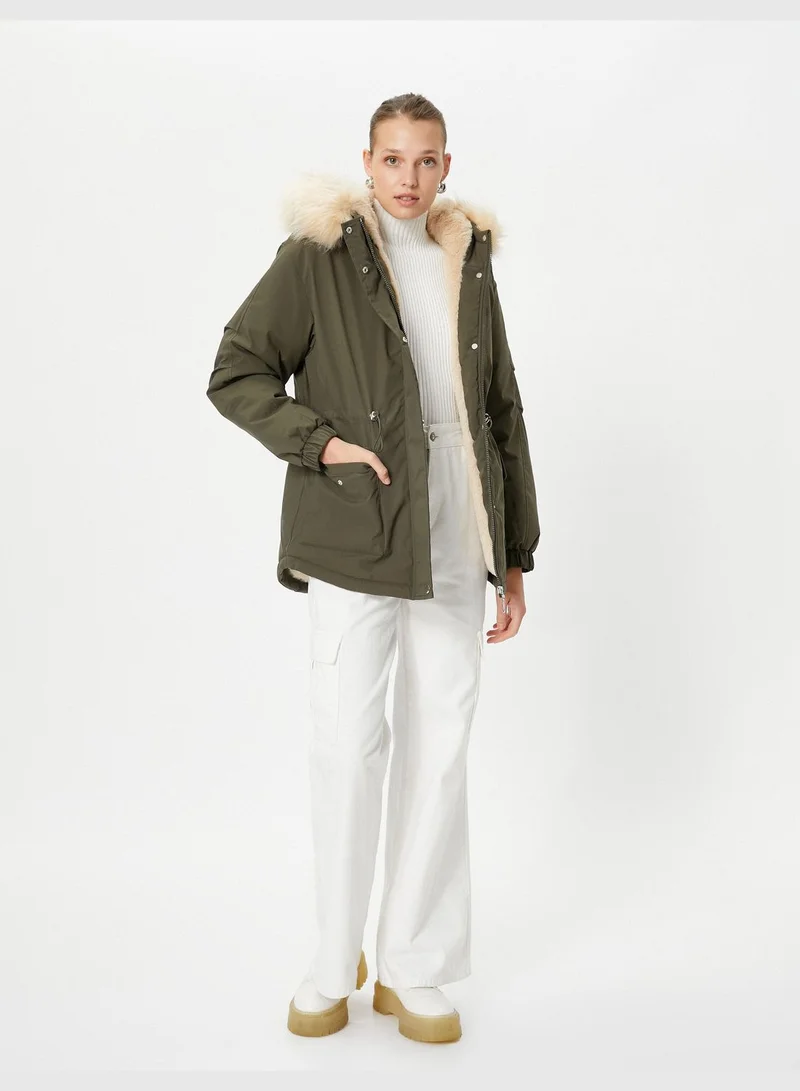 كوتون Elastic Waist Plush Detail Puffer Hooded Coat