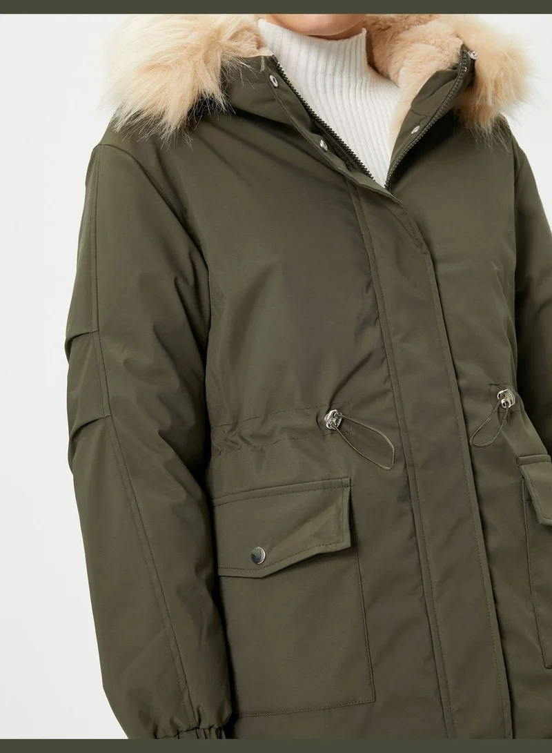 كوتون Elastic Waist Plush Detail Puffer Hooded Coat