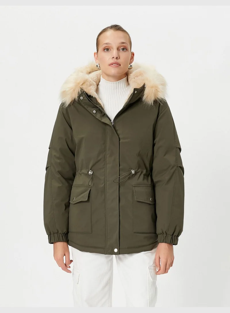 كوتون Elastic Waist Plush Detail Puffer Hooded Coat