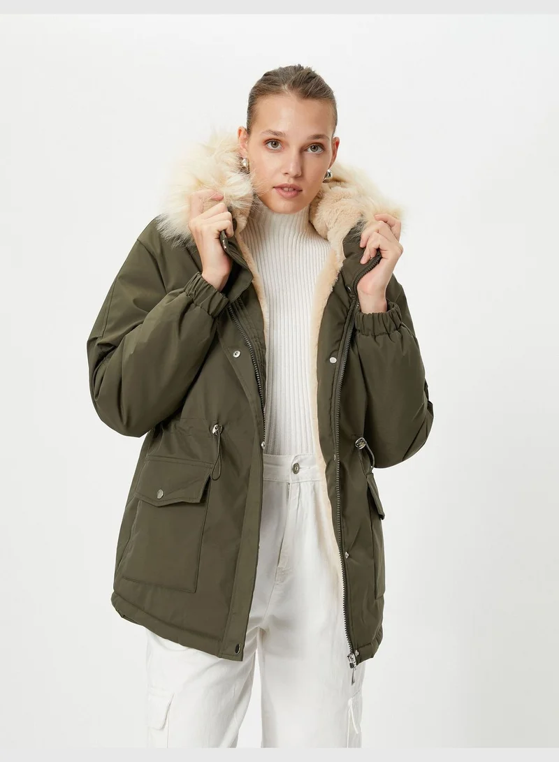 كوتون Elastic Waist Plush Detail Puffer Hooded Coat