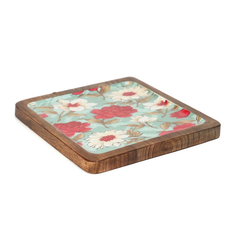 DULI طبق تقديم مربع مطلي بالمينا (8x8 بوصة) من دولي في خشب المانجو | طبق وجبات خفيفة للمنزل وطاولة الطعام | صينية متعددة الاستخدامات | صينية تقديم دائرية (طبق خشب المانجو - زهرة حمراء مائية) - Image 3