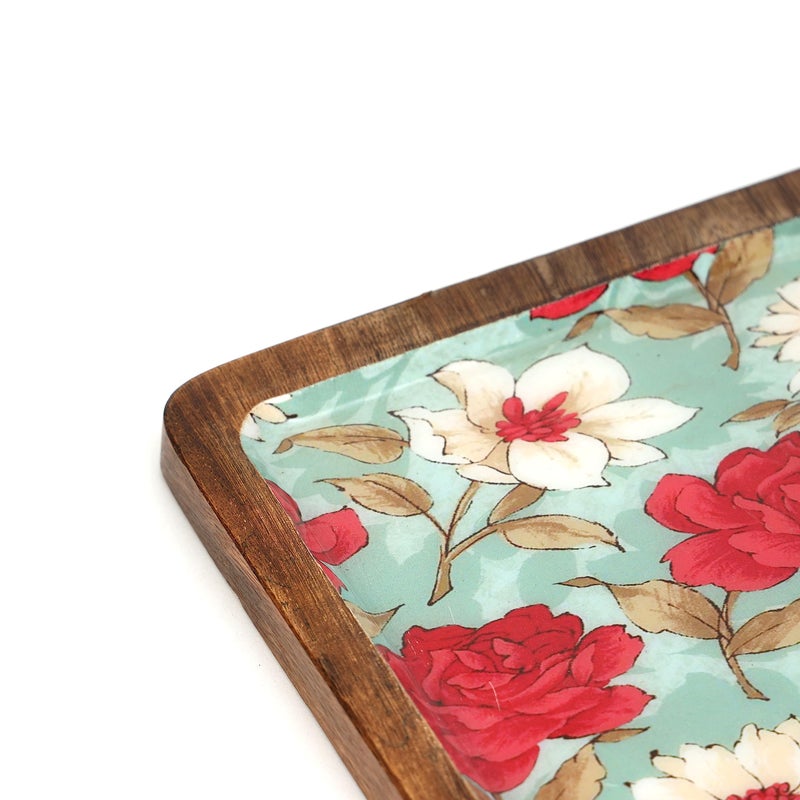 DULI طبق تقديم مربع مطلي بالمينا (8x8 بوصة) من دولي في خشب المانجو | طبق وجبات خفيفة للمنزل وطاولة الطعام | صينية متعددة الاستخدامات | صينية تقديم دائرية (طبق خشب المانجو - زهرة حمراء مائية) - Image 4