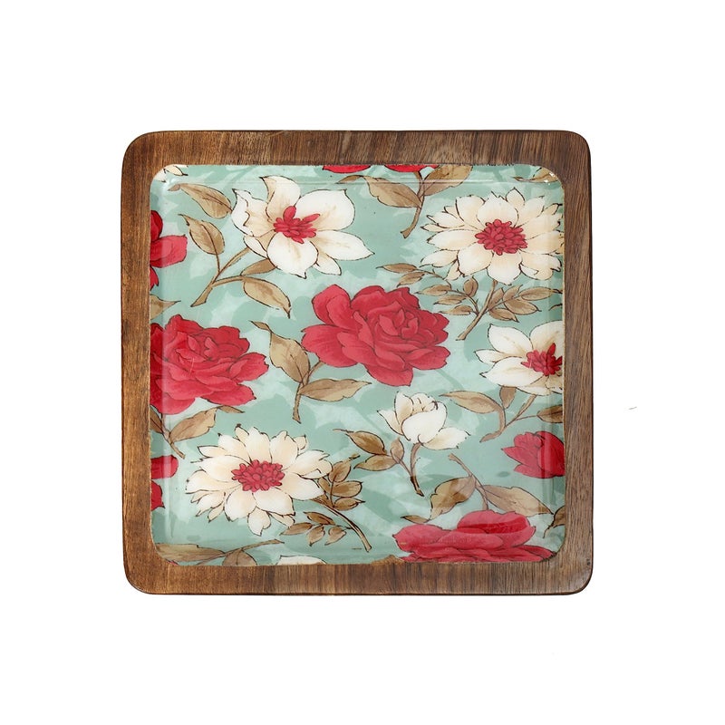 DULI طبق تقديم مربع مطلي بالمينا (8x8 بوصة) من دولي في خشب المانجو | طبق وجبات خفيفة للمنزل وطاولة الطعام | صينية متعددة الاستخدامات | صينية تقديم دائرية (طبق خشب المانجو - زهرة حمراء مائية) - Image 5