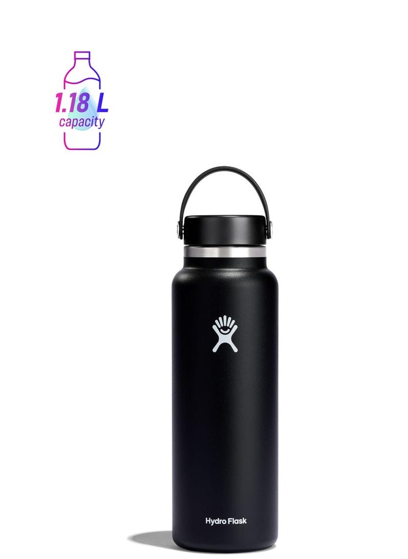 Hydro Flask Hydro Flask - Water Bottle 1180 ml (40 oz) - Vacuum Insulated Stainless Steel Water Bottle Flask with Leak Proof Flex Cap with Strap - BPA-Free - Wide Mouth - Black  - Image 1