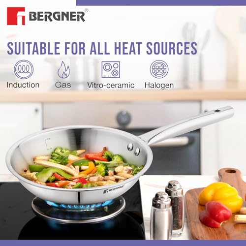 Bergner Tripro 5 Pcs Triply Stainless Steel Cookware Set - 24cm (3L) Kadai with Lid, 24cm (5.5L) Casserole/Biryani Pot with Lid, 22cm (1.5L) Frypan, Less Oil Use, Healthy Cooking - Induction Bottom - Image 5