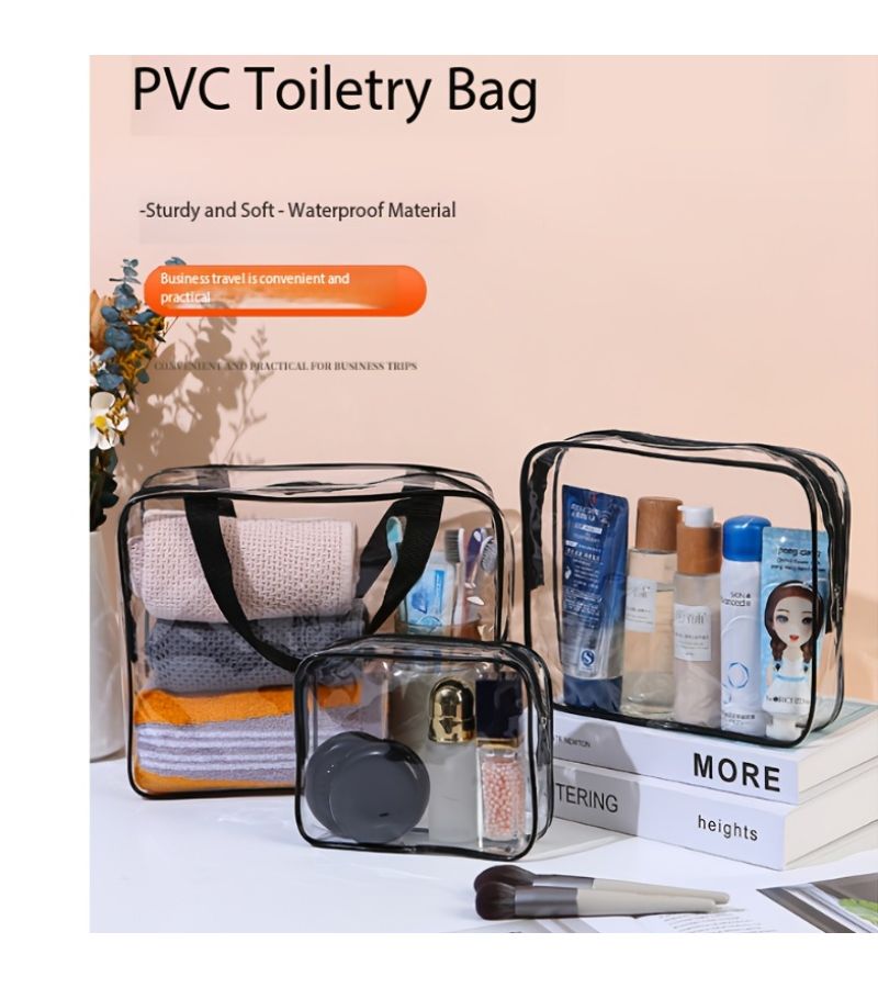 Black Medium PVC Travel Makeup Bag Handheld Toiletry Organizer - Image 2