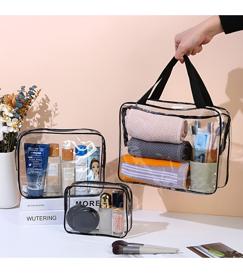 Black Medium PVC Travel Makeup Bag Handheld Toiletry Organizer - Image 5