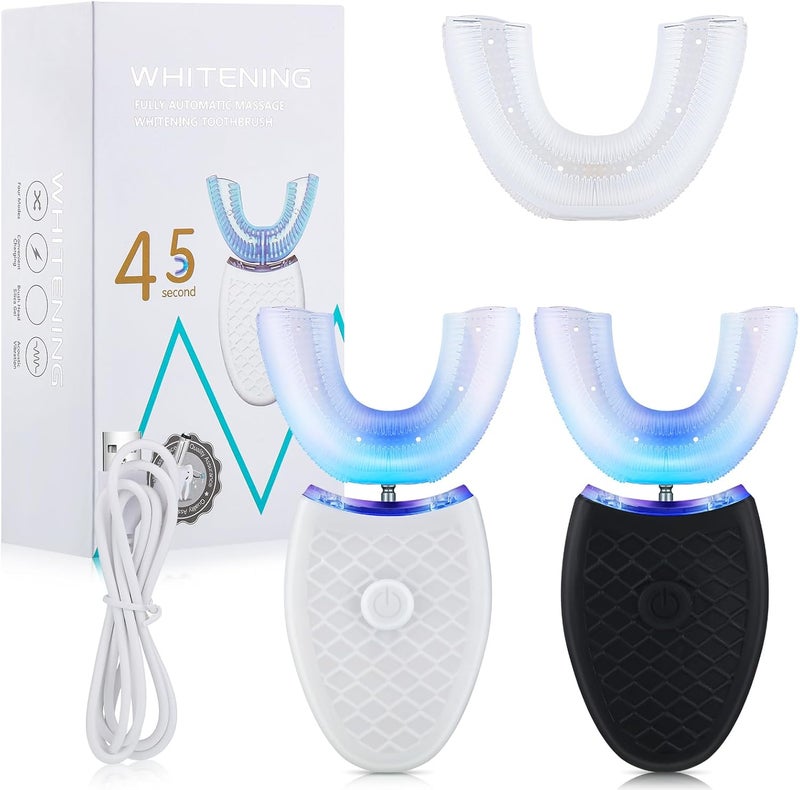 Romooa 2 Pieces Ultrasonic Electric Toothbrush Adults U Shaped Automatic Toothbrushes for Teeth Whitening, 3 Brush Heads, Whole Mouth 360 Degree Cleaning Hands Rechargeable IPX7 Waterproof (Black and White) - Image 1