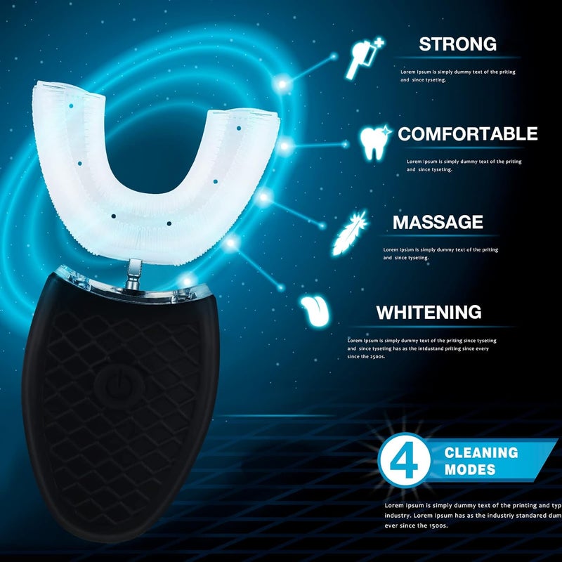Romooa 2 Pieces Ultrasonic Electric Toothbrush Adults U Shaped Automatic Toothbrushes for Teeth Whitening, 3 Brush Heads, Whole Mouth 360 Degree Cleaning Hands Rechargeable IPX7 Waterproof (Black and White) - Image 4
