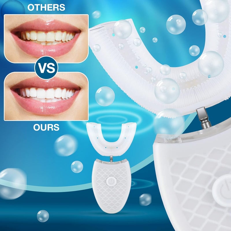 Romooa 2 Pieces Ultrasonic Electric Toothbrush Adults U Shaped Automatic Toothbrushes for Teeth Whitening, 3 Brush Heads, Whole Mouth 360 Degree Cleaning Hands Rechargeable IPX7 Waterproof (Black and White) - Image 3