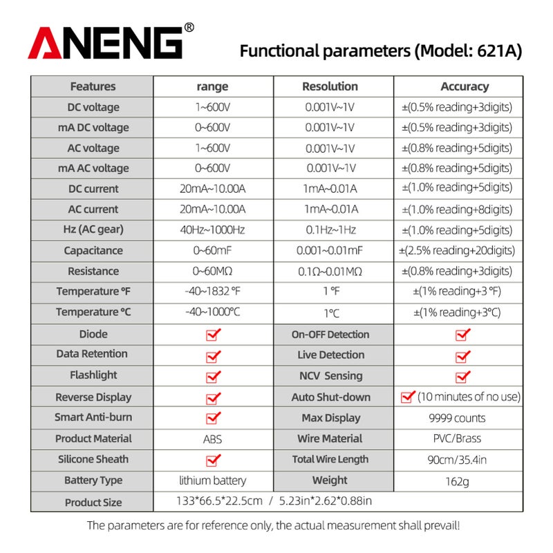 ملتي متر رقمي ذكي بشاشة لمس ANENG 621A، 9999 عد، نطاق آلي، قابلاً لإعادة الشحن، محمول، مقياس عالمي NCV، مقياس الجهد، مقياس التيار - Image 4
