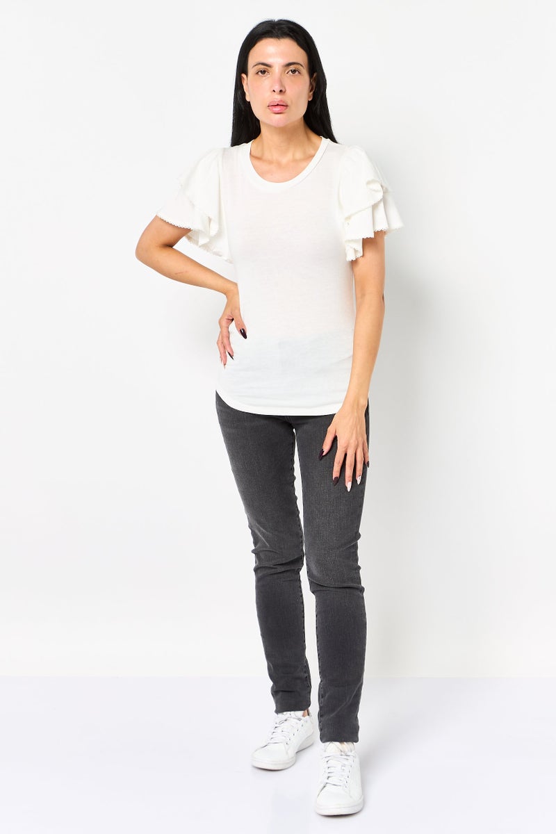 GAP Women Crew Neck Solid Flutter Sleeve Top, Off White - Image 3