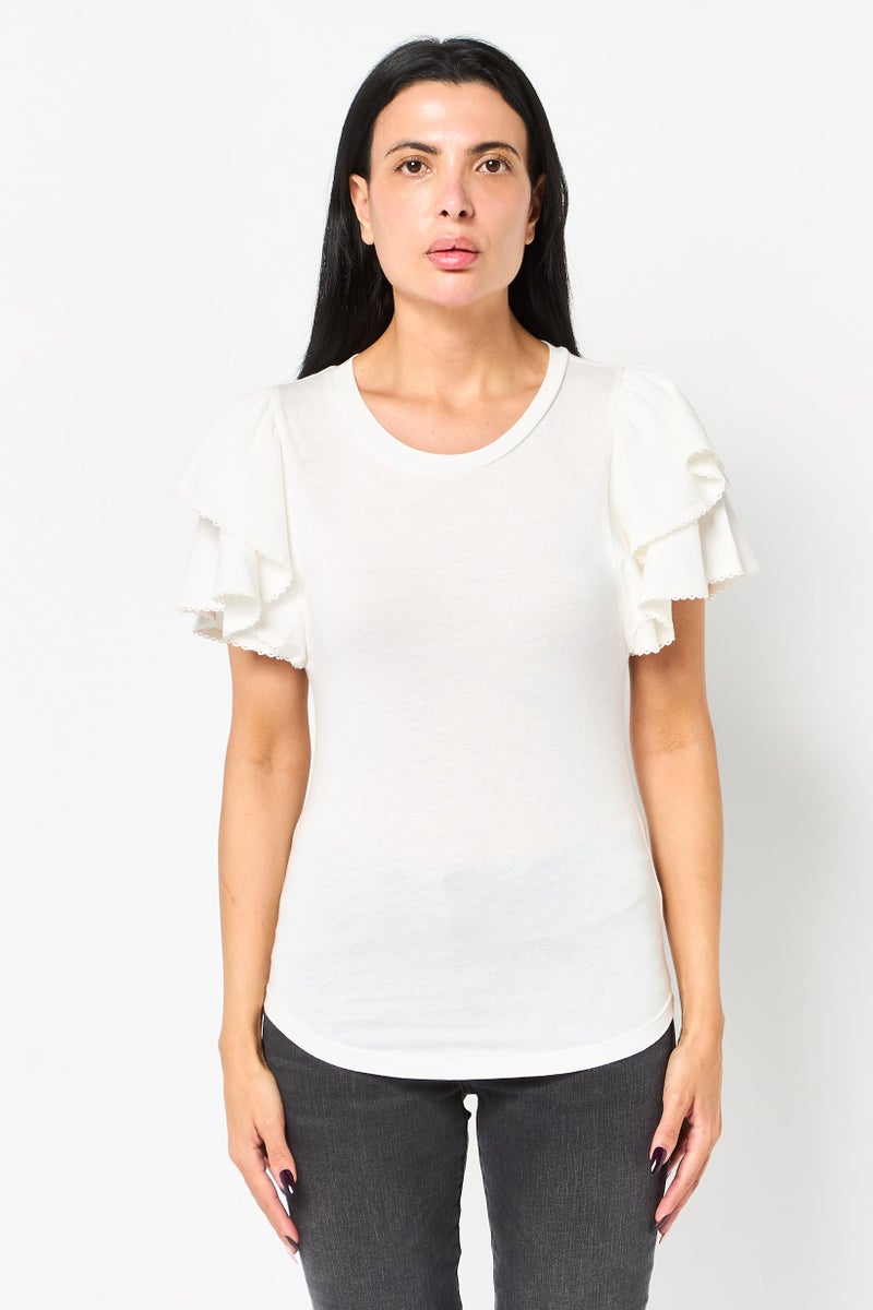 GAP Women Crew Neck Solid Flutter Sleeve Top, Off White - Image 1