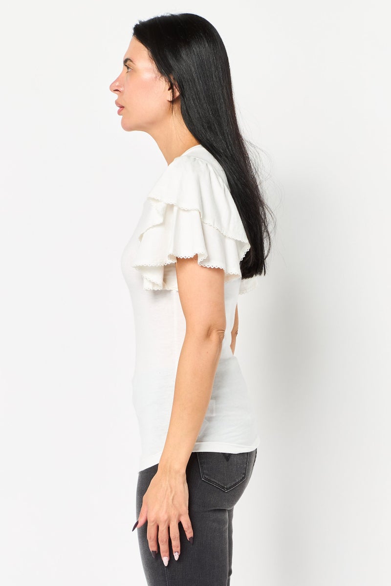 GAP Women Crew Neck Solid Flutter Sleeve Top, Off White - Image 4