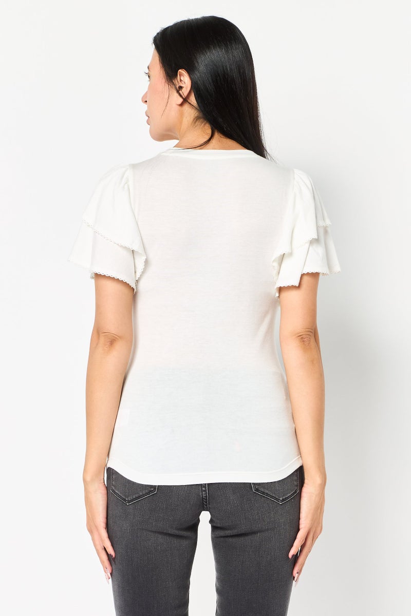 GAP Women Crew Neck Solid Flutter Sleeve Top, Off White - Image 2