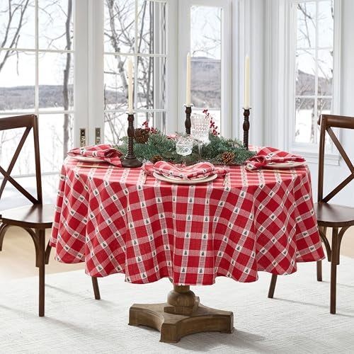 Elrene Home Fashions Sherwood Tree Dobby ChristmasHoliday Cotton Round Tablecloth 70x70 Red - Image 3