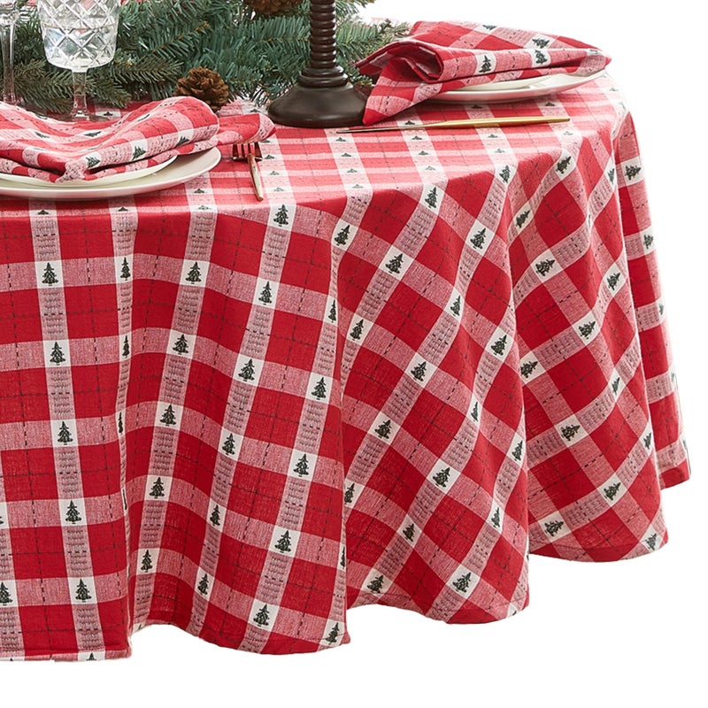Elrene Home Fashions Sherwood Tree Dobby ChristmasHoliday Cotton Round Tablecloth 70x70 Red - Image 2