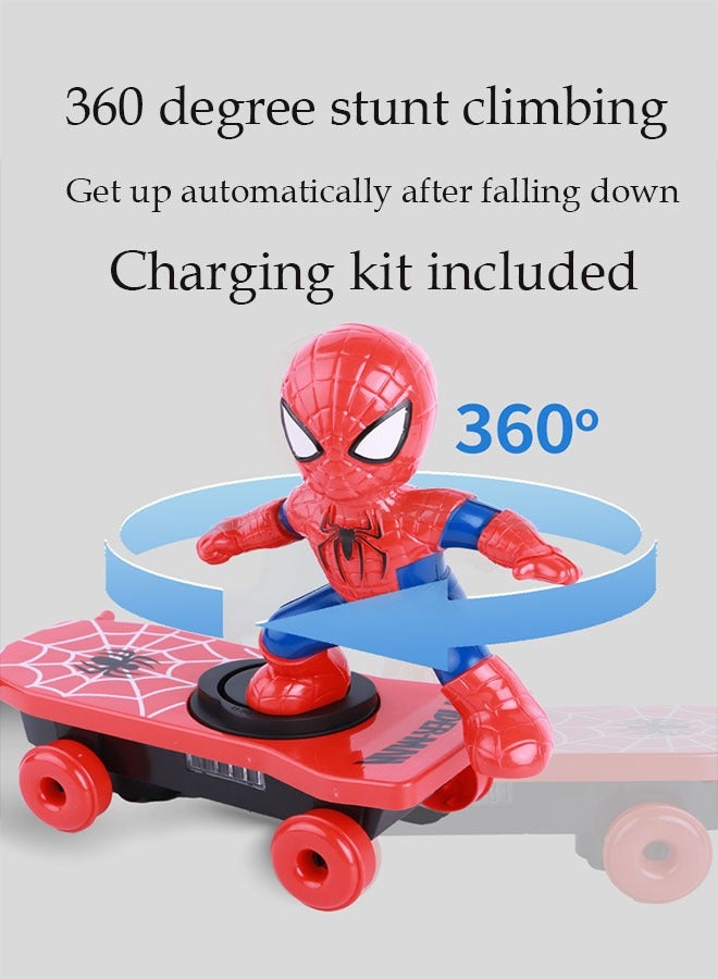 360 Degree Rotating Musical Tumbler Spiderman Toy Children's Spiderman Stunt Scooter with Colorful Lights (6 Charging Set) - Image 1