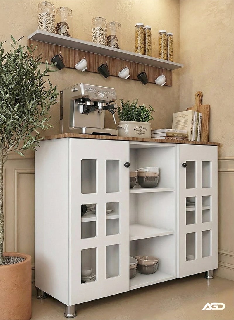 AGD Multipurpose Coffee Cabinet with a Top Shelf, Open Shelves, and Doors with Glass Windows, for Home and Office/ white - Image 1