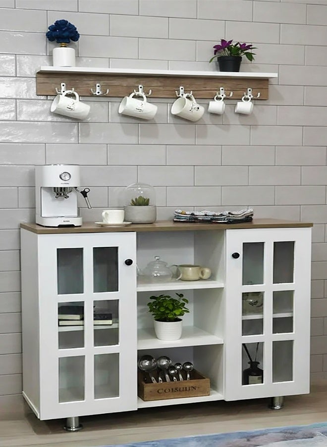 AGD Multipurpose Coffee Cabinet with a Top Shelf, Open Shelves, and Doors with Glass Windows, for Home and Office/ white - Image 4