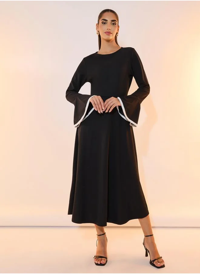 Take Two Contrast Bell Sleeves A-Line Midi Dress