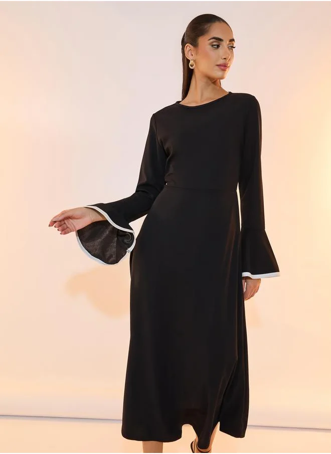 Take Two Contrast Bell Sleeves A-Line Midi Dress