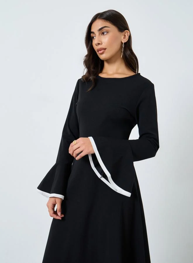 Take Two Contrast Bell Sleeves A-Line Midi Dress
