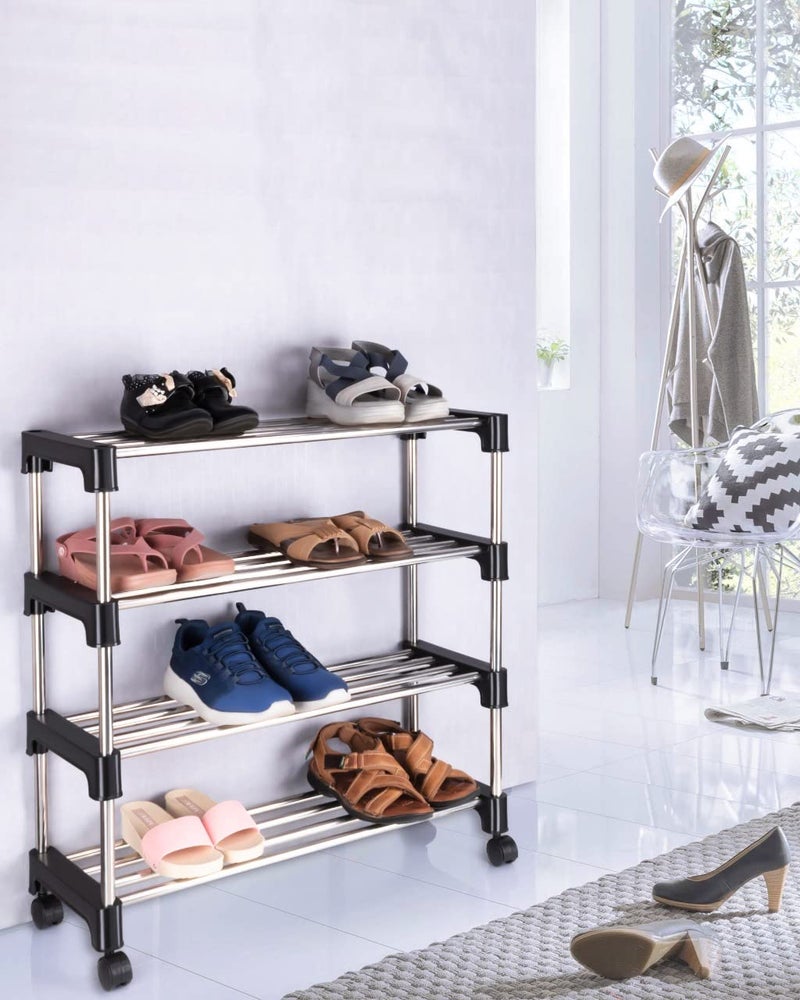 SKORTIX SKORTIX Premium Shoes Stand for Home Stainless Steel 4Tier Shoe Rack for Home Metal Durable Foldable Steel Rack Stackable 12 Pair Shoe Stand for Closet Entryway and Doorway Black Silver