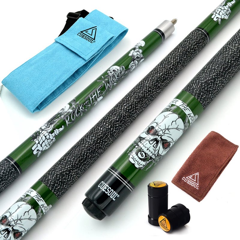 CUESOUL 58 inch 21oz 1/2 Maple Pool Cue Stick Kit- Rock The World Stylish Pattern Cue Design in Green Paint - Image 1