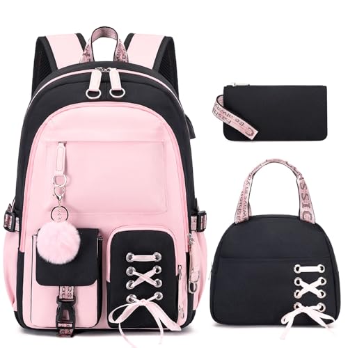 ACESAK Backpacks for Girls, Girls Backpack with Lunch Box and Pencil Case for Teen Kids Elementary Middle High School College Student, Children School Backpack Bookbag with USB Charging Port (Pink) - Image 1