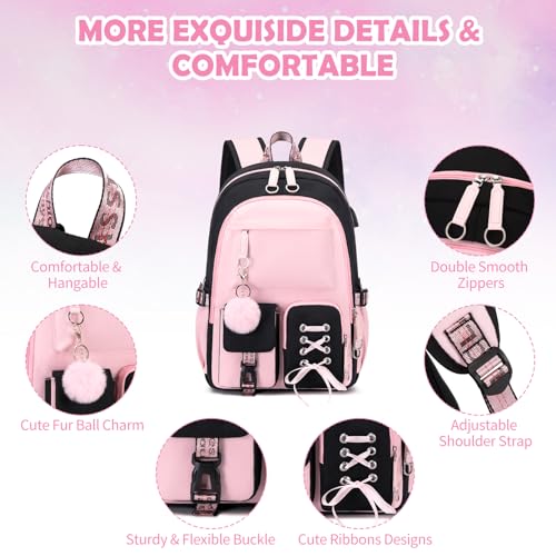 ACESAK Backpacks for Girls, Girls Backpack with Lunch Box and Pencil Case for Teen Kids Elementary Middle High School College Student, Children School Backpack Bookbag with USB Charging Port (Pink) - Image 4