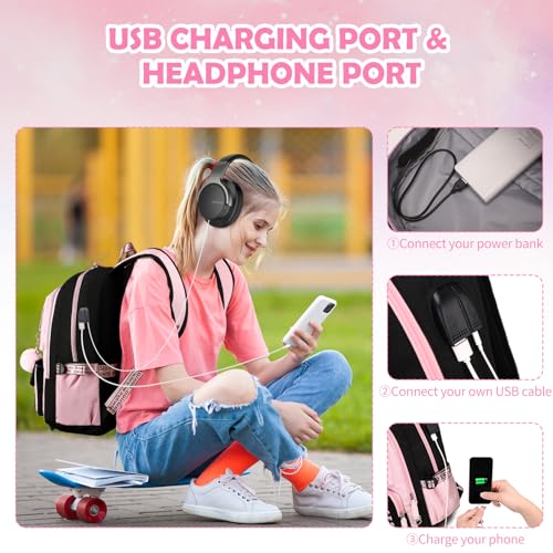 ACESAK Backpacks for Girls, Girls Backpack with Lunch Box and Pencil Case for Teen Kids Elementary Middle High School College Student, Children School Backpack Bookbag with USB Charging Port (Pink) - Image 5