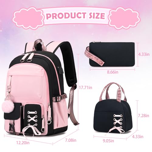 ACESAK Backpacks for Girls, Girls Backpack with Lunch Box and Pencil Case for Teen Kids Elementary Middle High School College Student, Children School Backpack Bookbag with USB Charging Port (Pink) - Image 2
