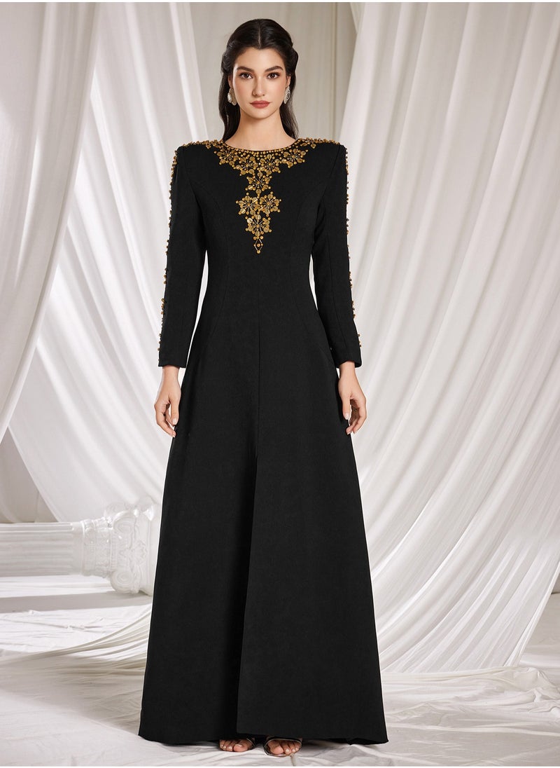 Madam Uniq Black Heavy Beaded Front Slit Long Dress with Train  - Image 1