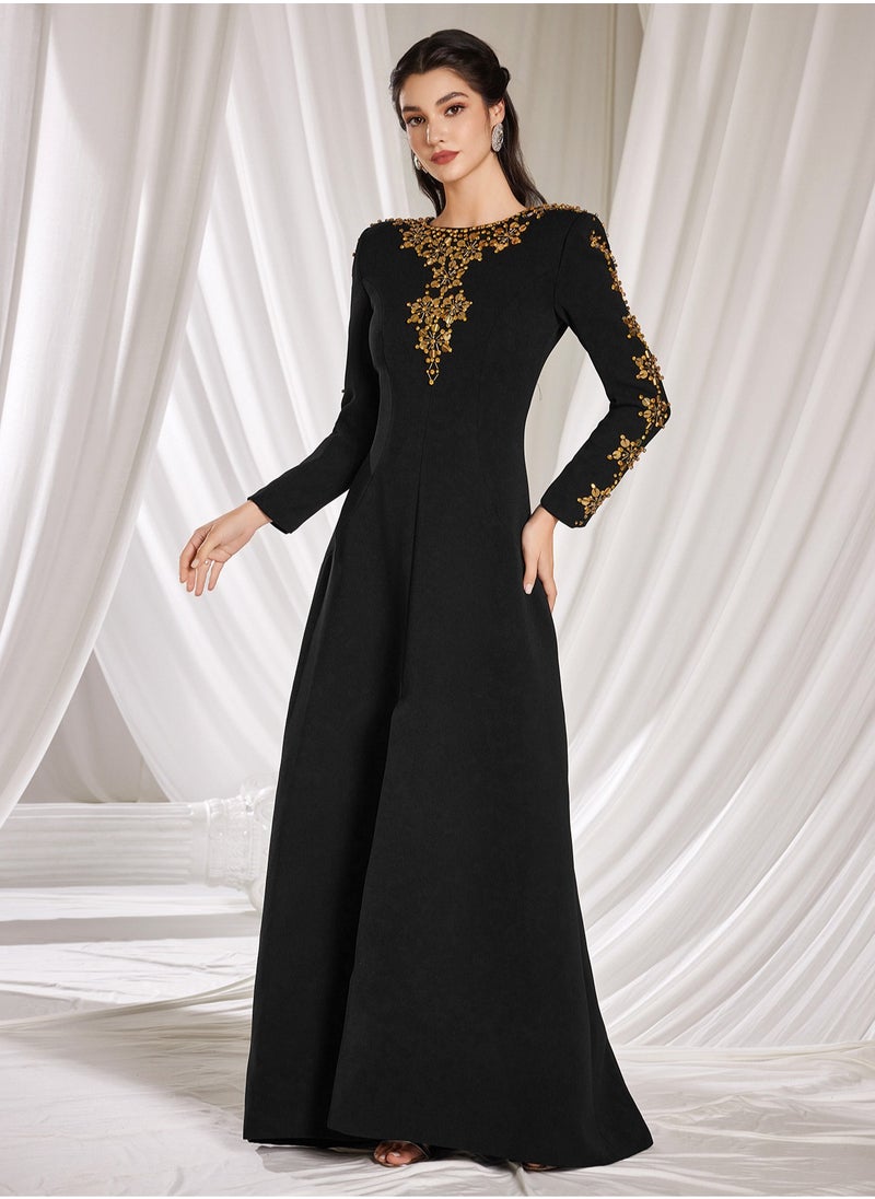 Madam Uniq Black Heavy Beaded Front Slit Long Dress with Train  - Image 3