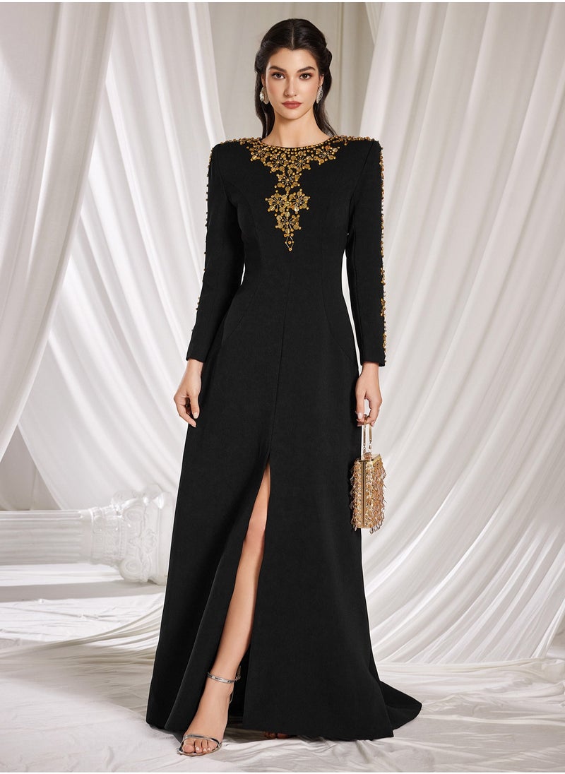 Madam Uniq Black Heavy Beaded Front Slit Long Dress with Train  - Image 4