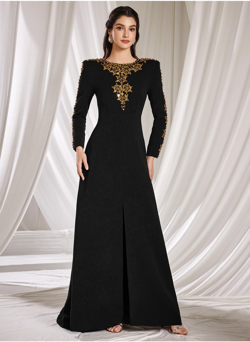 Madam Uniq Black Heavy Beaded Front Slit Long Dress with Train  - Image 5
