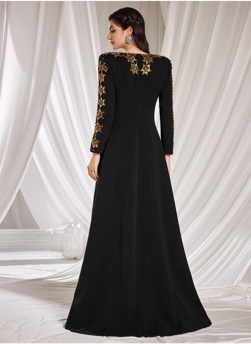 Madam Uniq Black Heavy Beaded Front Slit Long Dress with Train  - Image 2