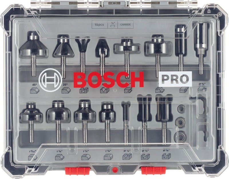 BOSCH Professional 15 Pcs Router Bit Set With Mixed Bits, 1/4" Shank Bits, Suitable For Gkf Palm Router - Image 2