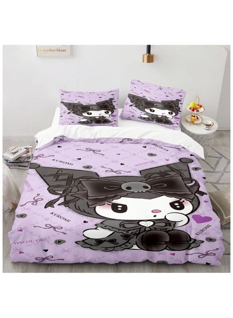 AirYoung طقم ملاءات سرير قطني مريح من سانريو، بنقشة كورومي، مكون من 3 قطع، هدية عيد ميلاد للأطفال، مقاس 135 سم × 200 سم، يشمل غطاءً وغطائي وسادة. - Image 1